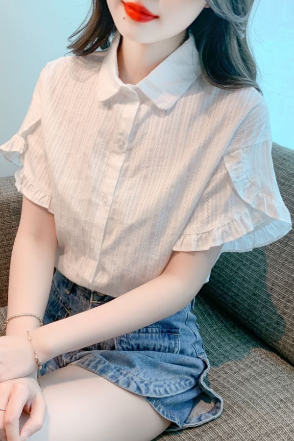 봄 여름 여성 스트레이트핏 플레어소매 펀칭 반팔 셔츠 블라우스 빅사이즈 데일리룩 화이트 - 상세 이미지 5