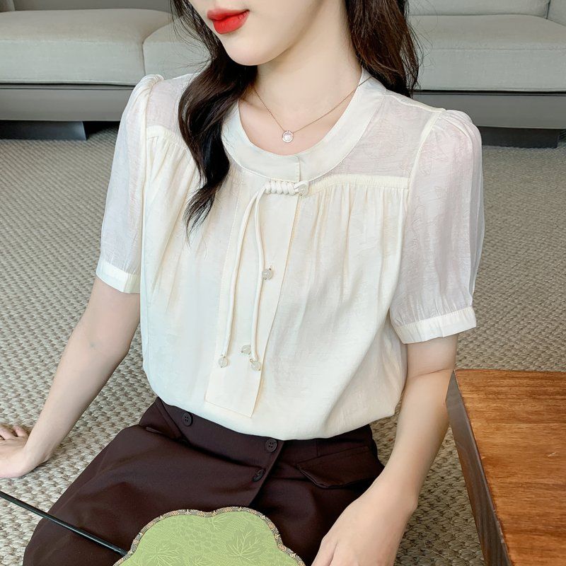 여성 여름 루즈핏 라운드넥 블라우스 스트링 단추 장식 반팔 시스루 데일리 아이보리 - 상세 이미지 4