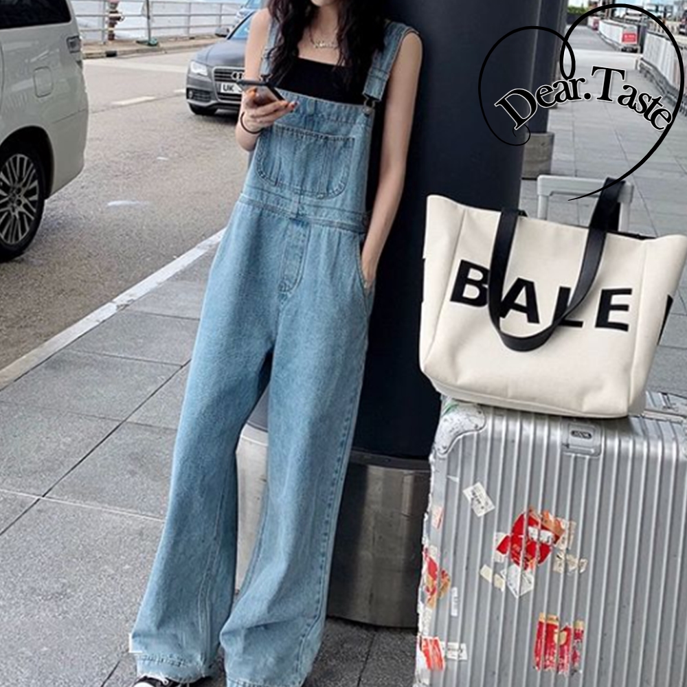 오버롤데님 날씬 와이드 멜빵바지 루즈핏 데님 연청 점프슈트 - 메인 이미지