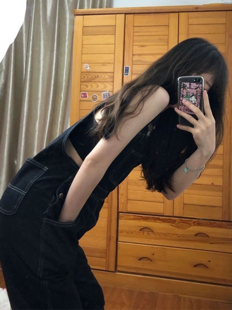 멜빵점프수트 흑청멜빵바지 청슈트 뷔스티에 데님 - 상세 이미지 5