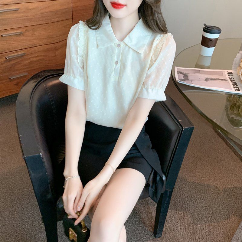 봄 여름 여성 스트레이트핏 폴로카라 퍼프소매 러플 반팔 블라우스 빅사이즈 데일리룩 아이보리 - 상품 이미지