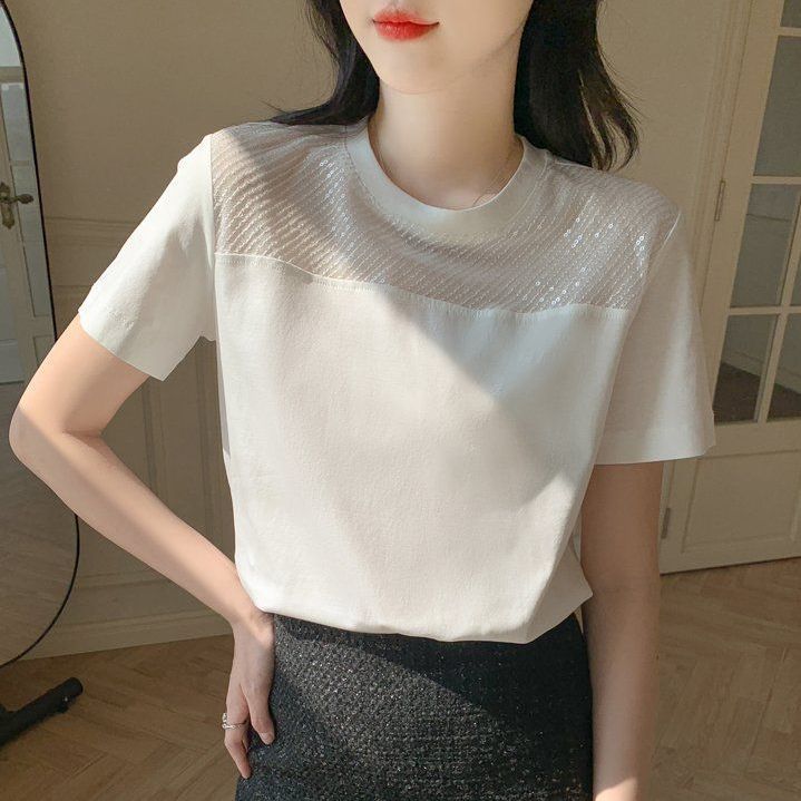 봄 여름 여성 기본핏 스팽글 시스루 포인트 데일리룩 반팔 티셔츠 화이트 - 상품 이미지