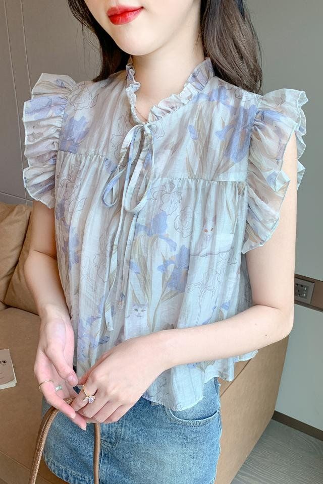 봄 여름 여성 빅사이즈 플라워 러플넥 리본 민소매 블라우스 루즈핏 스카이블루 플라워 - 상세 이미지 4