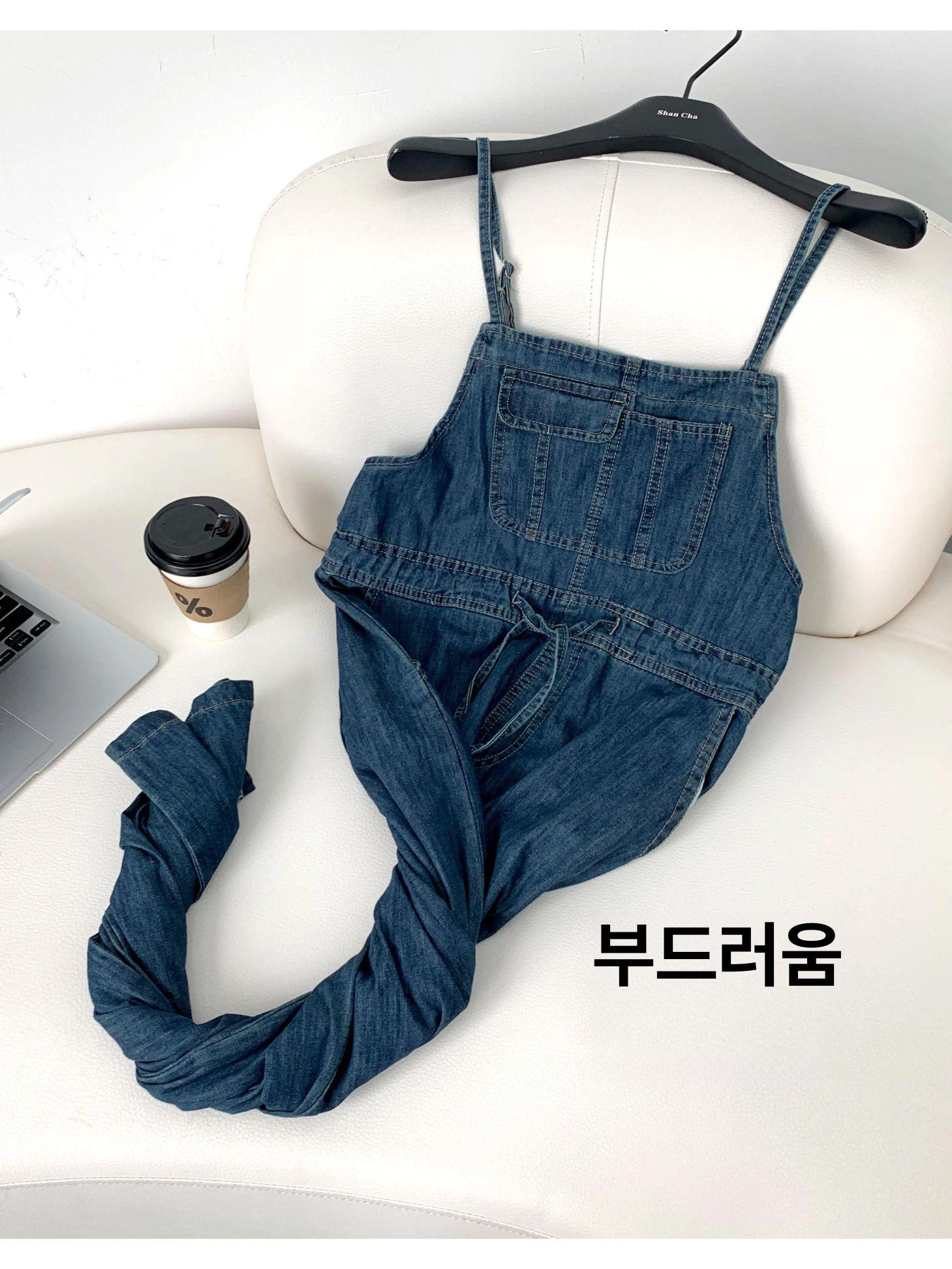 점프슈트코디 데님 끈 청바지 허리 스트링 점프 슈트 얇은끈 멜빵 바지 - 상세 이미지 3
