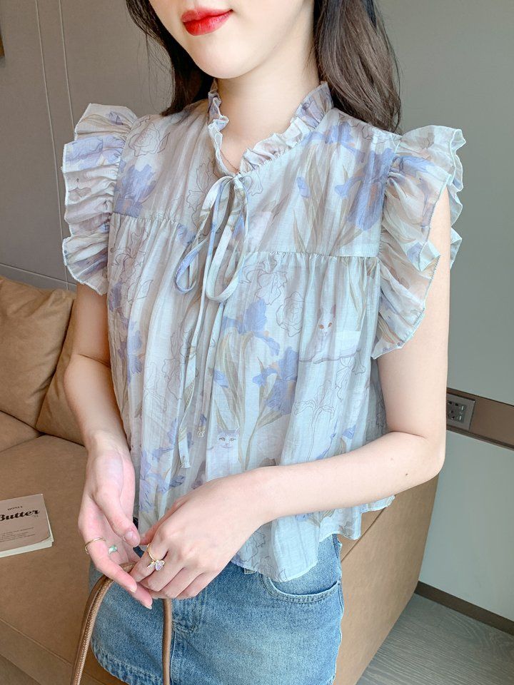 봄 여름 여성 빅사이즈 플라워 러플넥 리본 민소매 블라우스 루즈핏 스카이블루 플라워 - 상세 이미지 3