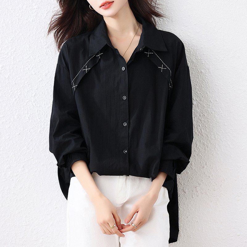 여성 봄 가을 빅사이즈 루즈핏 스티치 셔츠 블라우스 긴팔 카라 면혼방 오피스룩 블랙 - 상세 이미지 2