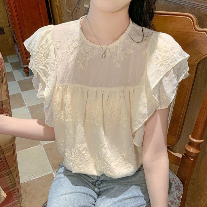 여성 여름 루즈핏 라운드넥 블라우스 프릴 어깨 자수 시스루 데일리룩 아이보리 - 메인 이미지