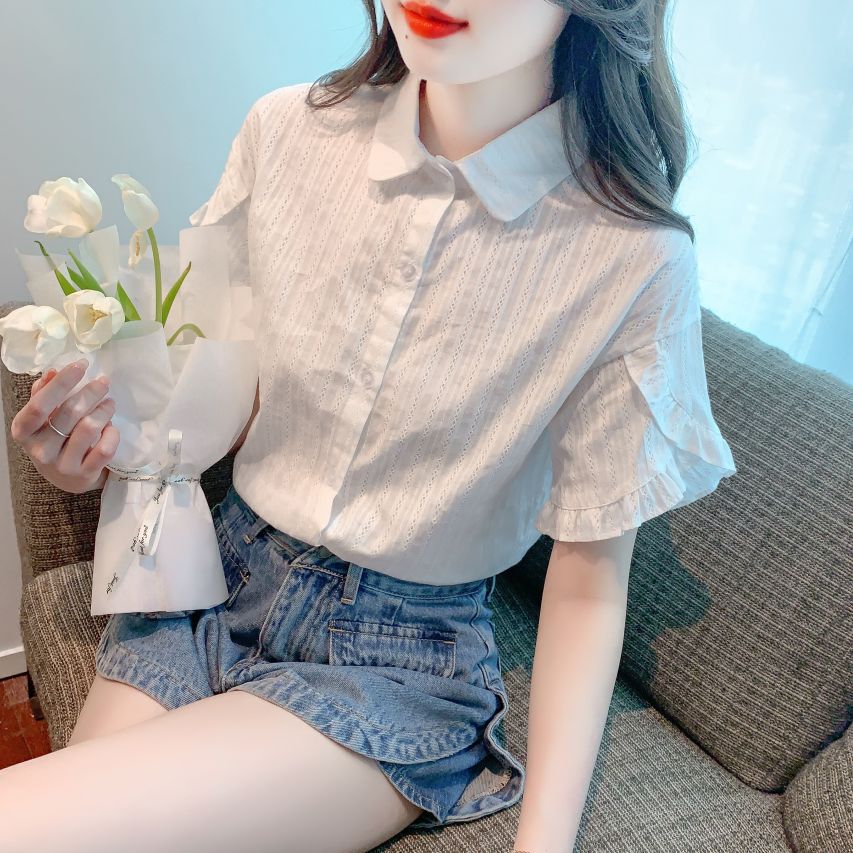 봄 여름 여성 스트레이트핏 플레어소매 펀칭 반팔 셔츠 블라우스 빅사이즈 데일리룩 화이트 - 상세 이미지 4