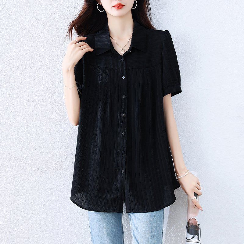 여성 봄 여름 빅사이즈 루즈핏 스트라이프 셔츠 블라우스 반팔 카라 버튼 플레어 블랙 - 메인 이미지