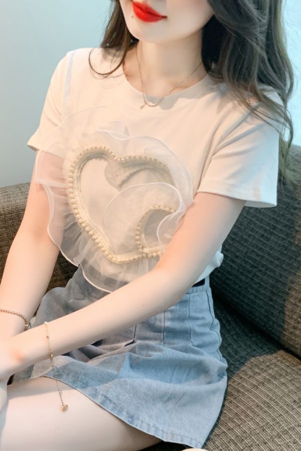 봄 여름 여성 루즈핏 라운드넥 하트 진주장식 반팔 티셔츠 빅사이즈 데일리룩 화이트 - 상세 이미지 5