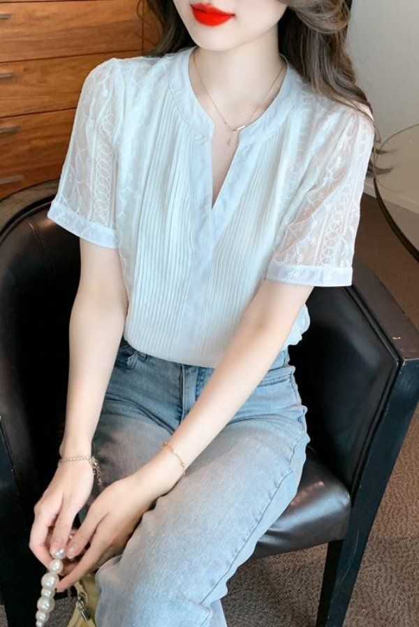 봄 여름 여성 스트레이트핏 V넥 자수 레이스 퍼프소매 블라우스 빅사이즈 데일리룩 화이트 - 상세 이미지 5