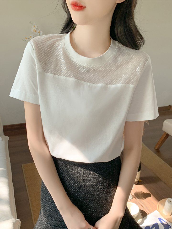 봄 여름 여성 기본핏 스팽글 시스루 포인트 데일리룩 반팔 티셔츠 화이트 - 상세 이미지 4