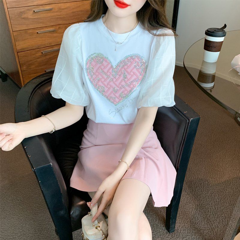 봄 여름 여성 스트레이트핏 라운드넥 하트 큐빅 시스루 퍼프 반팔 티셔츠 화이트 - 상품 이미지