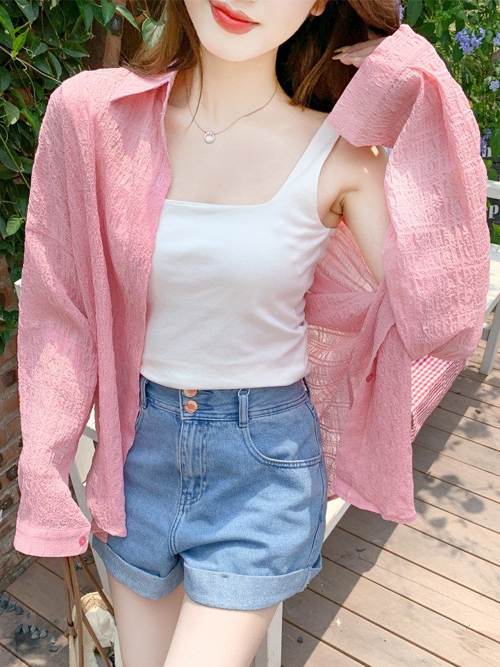 여성 여름 루즈핏 오버핏 시스루 긴팔 셔츠 블라우스 얇은 간절기 썸머 아우터 핑크 - 상세 이미지 3