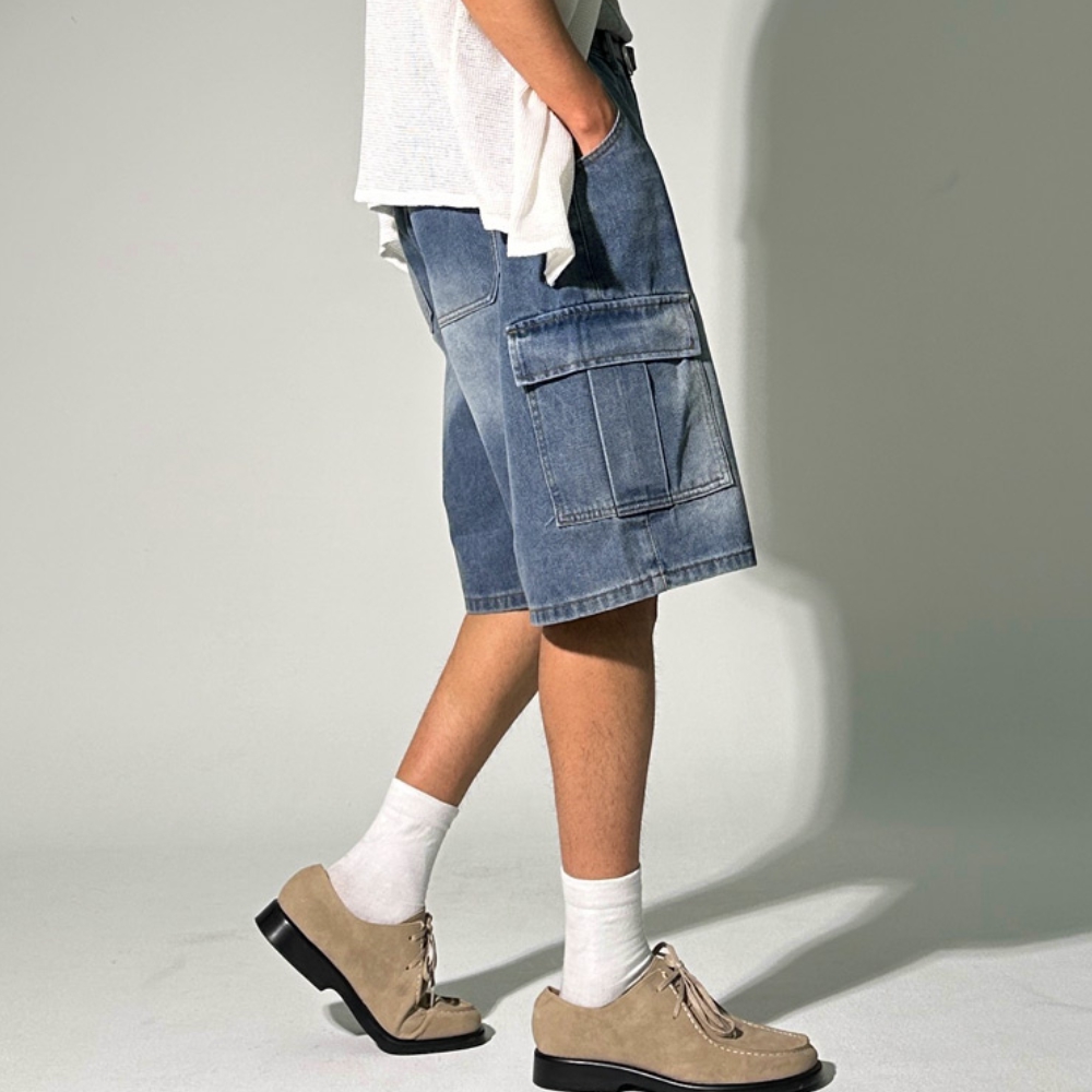 남자 데카 여름 5부 빈티지 워싱 와이드 카고 데님 반바지