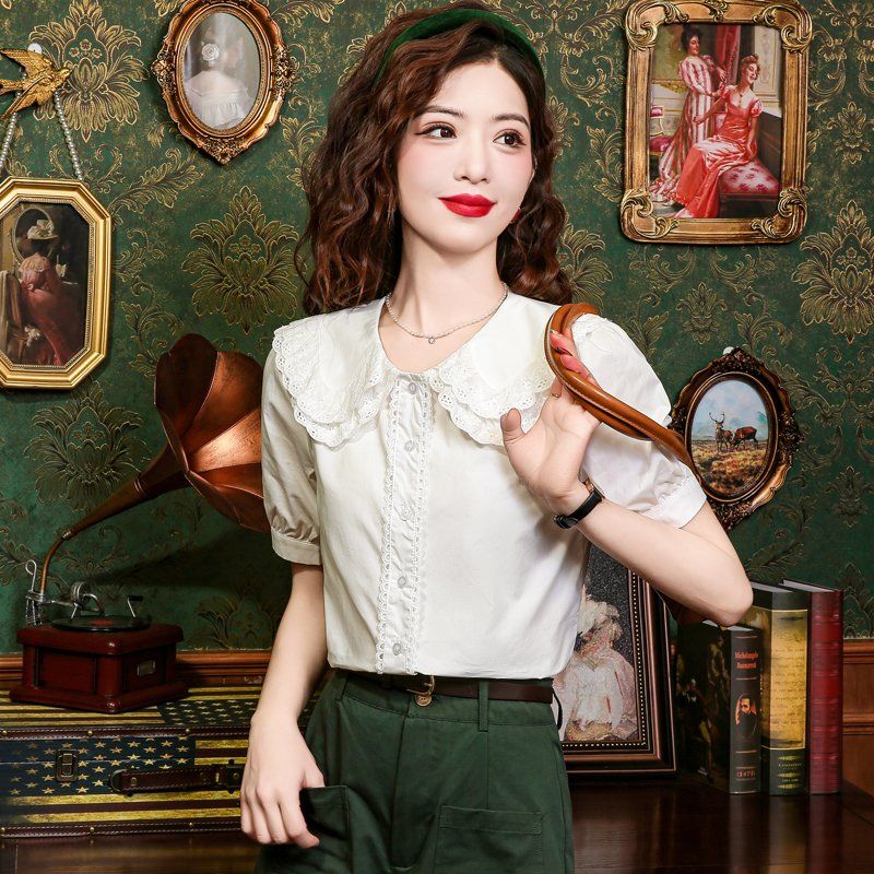 봄 여름 여성 레이스카라 퍼프소매 단추 블라우스 캐주얼 데일리 출근룩 화이트 - 상세 이미지 3