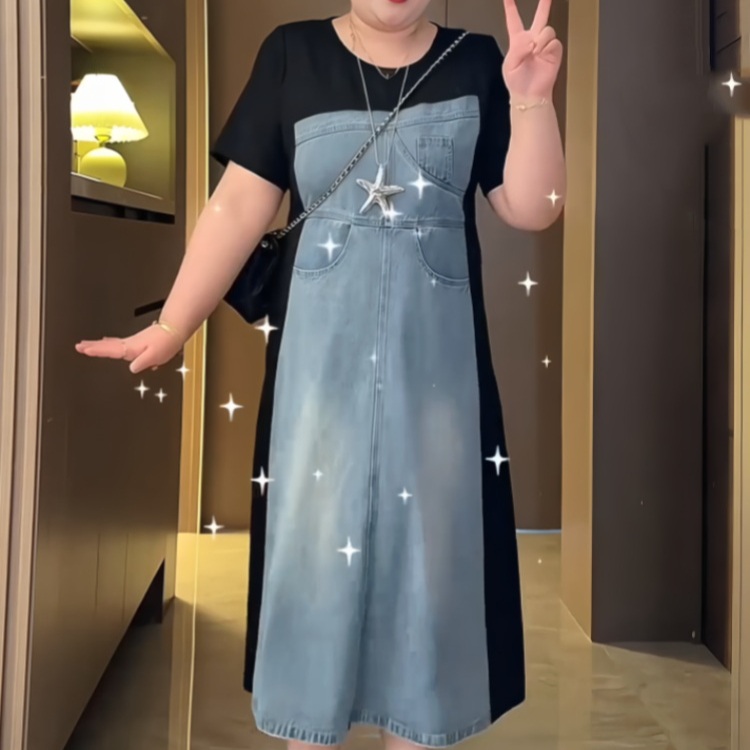 데님 블랙 배색반팔롱원피스 빅사이즈 4XL까지 루즈핏 통통 뚱뚱 유니크 디자인 봄 여름 - 상세 이미지 3
