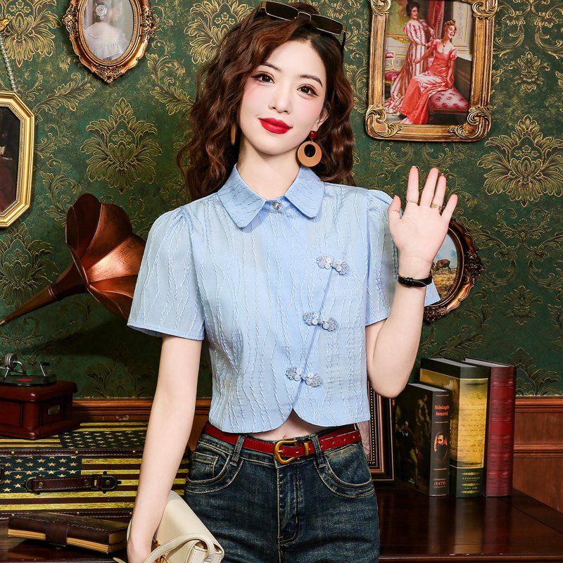 여성 여름 카라 블라우스 퍼프소매 단추 장식 패턴 크롭 데일리 복고풍 블루 - 상품 이미지
