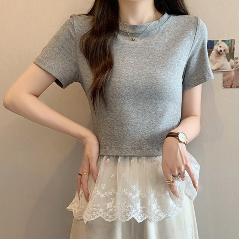 레이어드반팔티 세미크롭 여성 라운드 레이스 반팔티 - 상세 이미지 5
