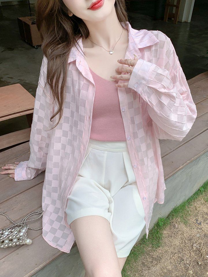 여름 여성 루즈핏 중기장 긴팔 시스루 카라 블라우스 셔츠 체크 핑크 - 상세 이미지 4