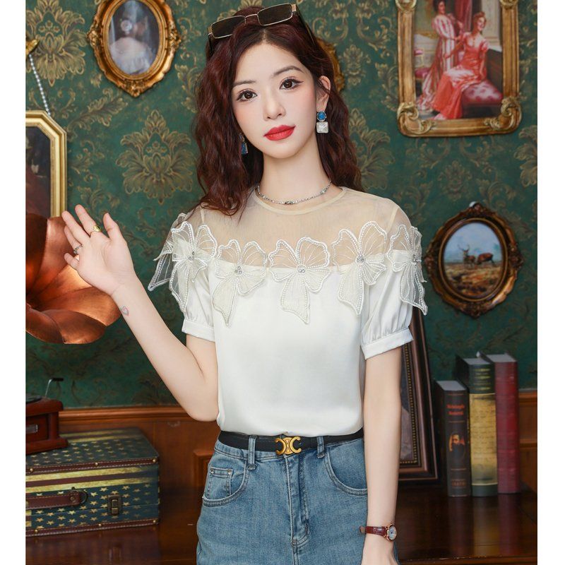 여름 여성 라운드넥 망사 시스루 리본 블라우스 탑 반팔 여성스러운 화이트 - 상세 이미지 2