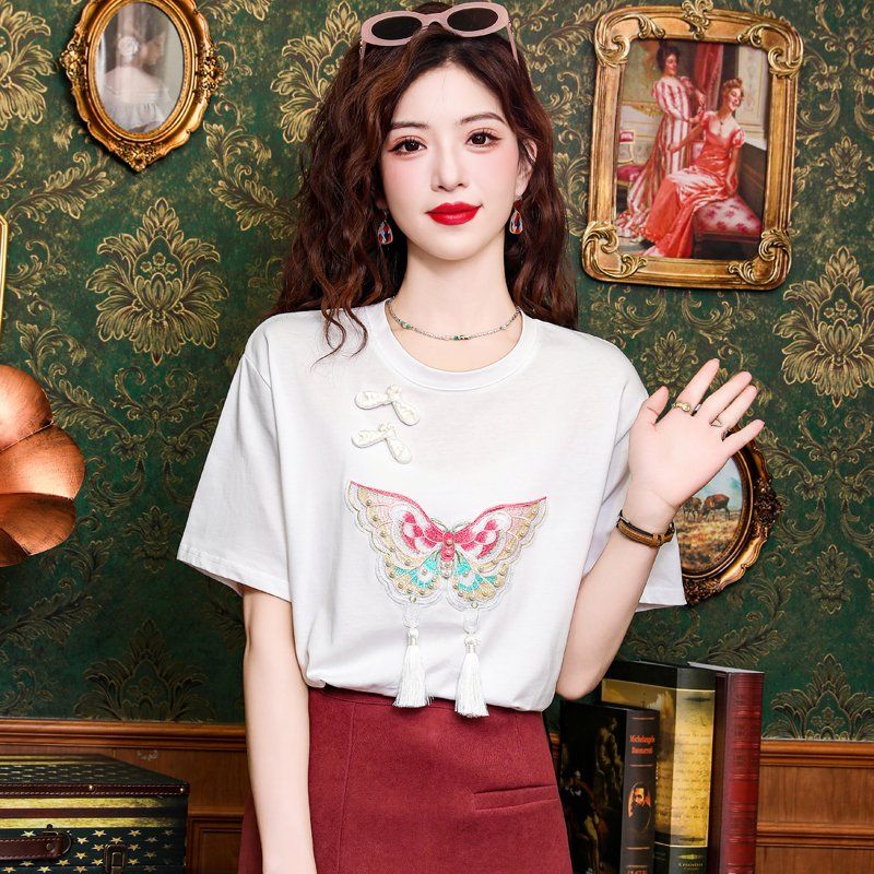 여름 여성 나비 자수 태슬 라운드넥 반팔 티셔츠 복고 캐주얼 기본핏 화이트 - 상세 이미지 3