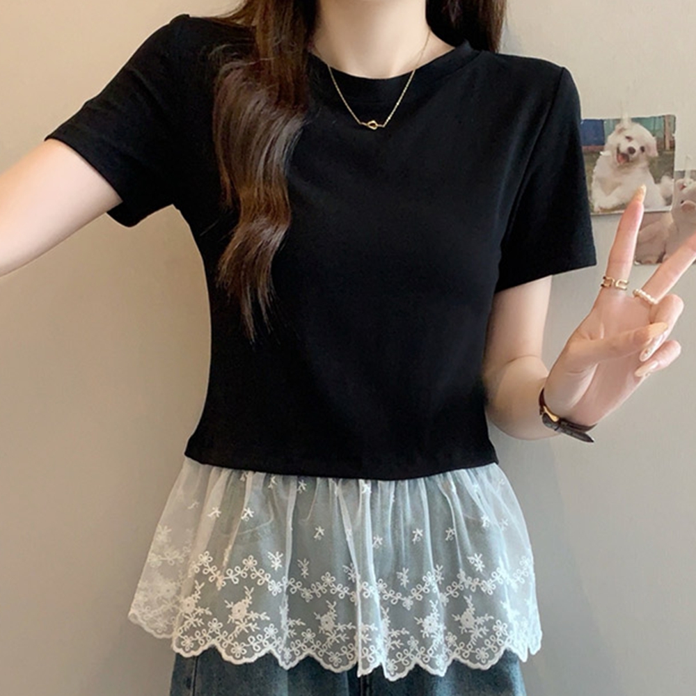 레이어드반팔티 세미크롭 여성 라운드 레이스 반팔티 이미지 8