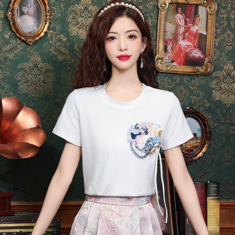 여름 여성 용봉 자수 라운드넥 반팔 티셔츠 스트링 기본핏 데일리 캐주얼 화이트 - 상세 이미지 3