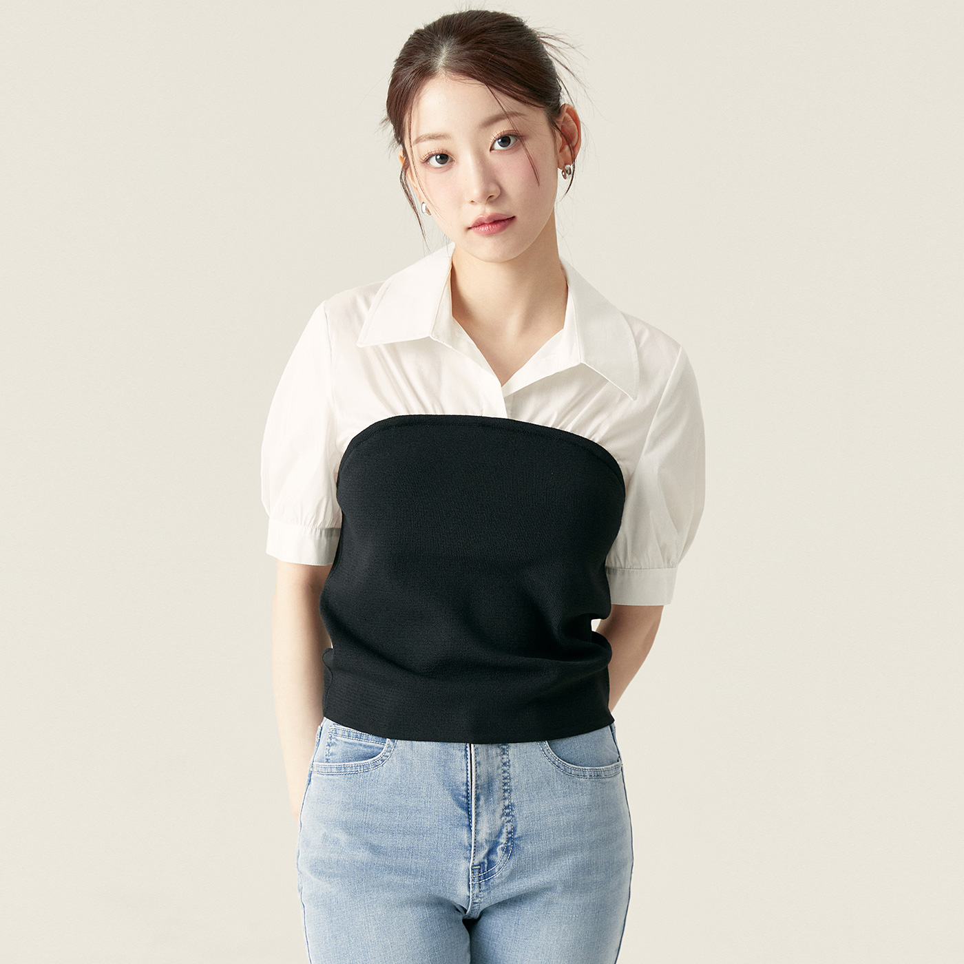 로엠 우븐매칭 오프숄더 반팔 스웨터 RMKAF25R12