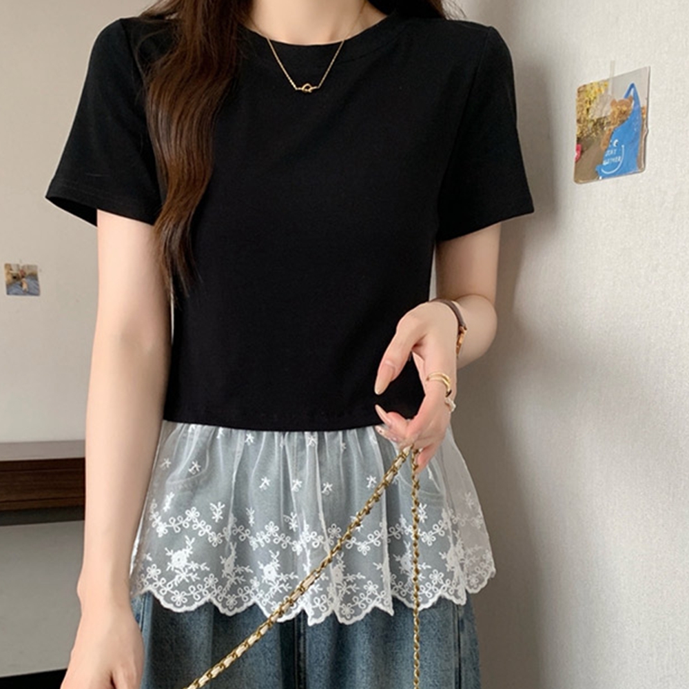레이어드반팔티 세미크롭 여성 라운드 레이스 반팔티 이미지 6