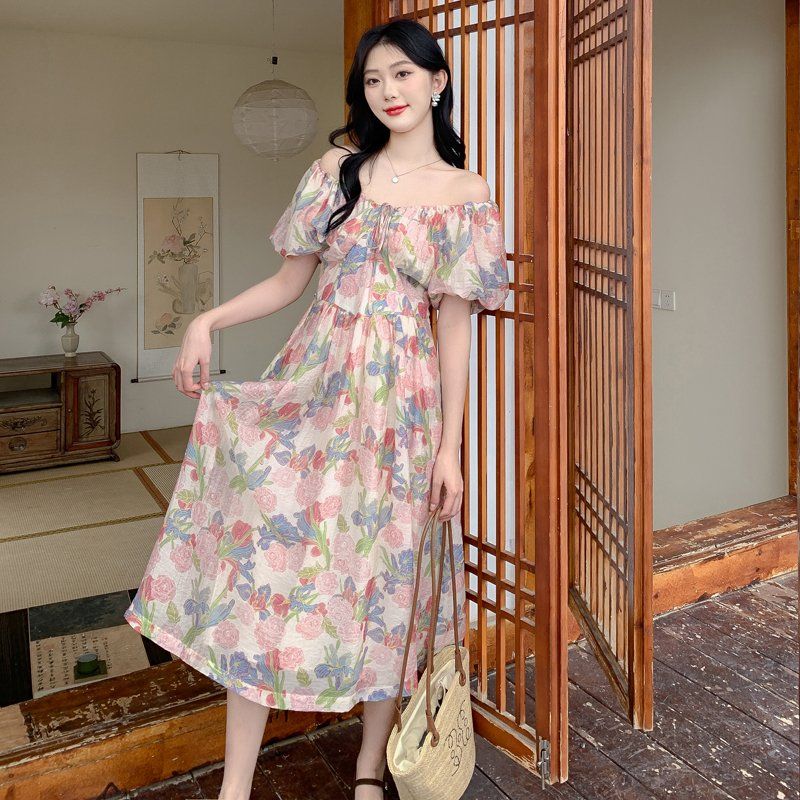 여름 여성 오프숄더 퍼프소매 플라워 패턴 롱 원피스 A라인 밴딩 데일리룩 아이보리 플라워 - 상품 이미지