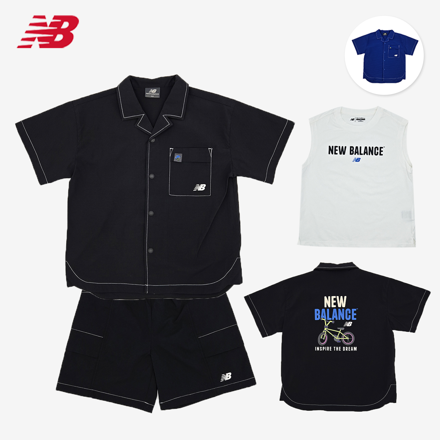 뉴발란스 키즈 카라 시어서커 상하의세트 여아 남아 여름 캐주얼 셋업 블랙 블루