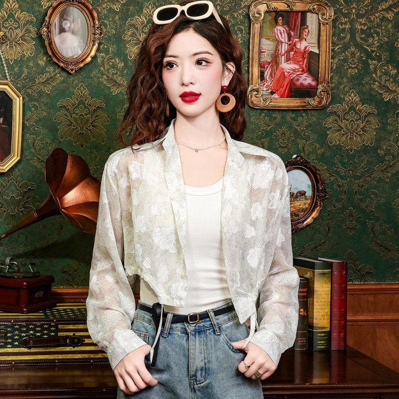 여름 여성 시스루 플라워 패턴 긴팔 크롭 블라우스 셔츠 스트링 카라 아이보리 - 상품 이미지