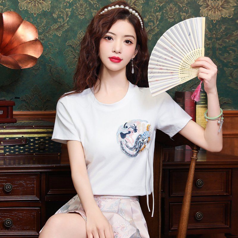 여름 여성 용봉 자수 라운드넥 반팔 티셔츠 스트링 기본핏 데일리 캐주얼 화이트 - 상세 이미지 5