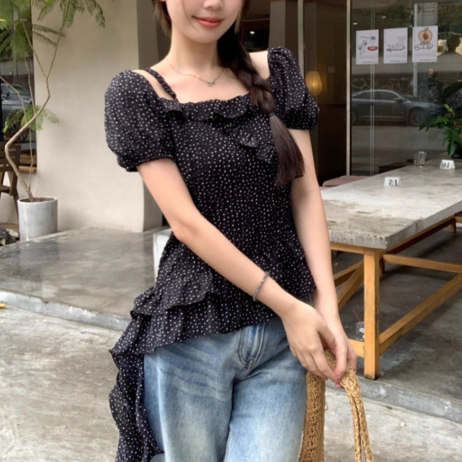스퀘어넥 반팔 땡땡이블라우스 사선 디자인 퍼프소매 프릴 포인트 빅사이즈 4XL까지 블랙 - 상품 이미지