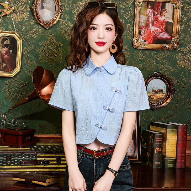 여성 여름 카라 블라우스 퍼프소매 단추 장식 패턴 크롭 데일리 복고풍 블루 - 상세 이미지 2