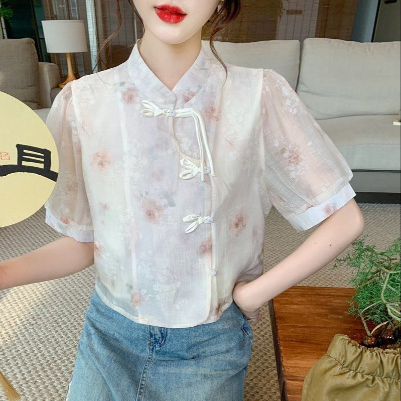 여성 여름 루즈핏 차이나넥 블라우스 단추 장식 플라워 패턴 반팔 아이보리 플라워 - 메인 이미지
