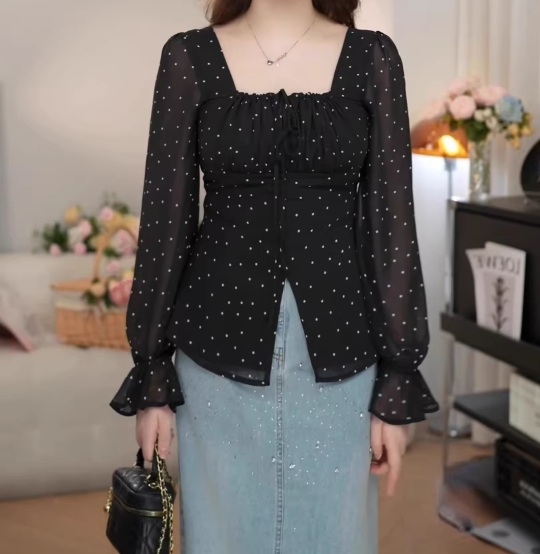 스퀘어넥 긴팔 땡땡이블라우스 리본매듭 단추 디자인 빅사이즈 4XL까지 봄 가을 블랙 - 상품 이미지