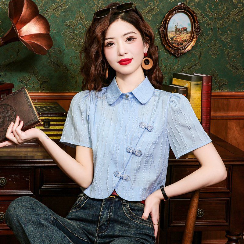 여성 여름 카라 블라우스 퍼프소매 단추 장식 패턴 크롭 데일리 복고풍 블루 - 상세 이미지 4