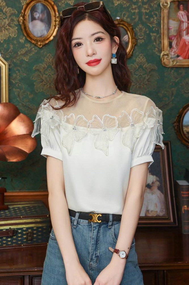 여름 여성 라운드넥 망사 시스루 리본 블라우스 탑 반팔 여성스러운 화이트 - 상세 이미지 5