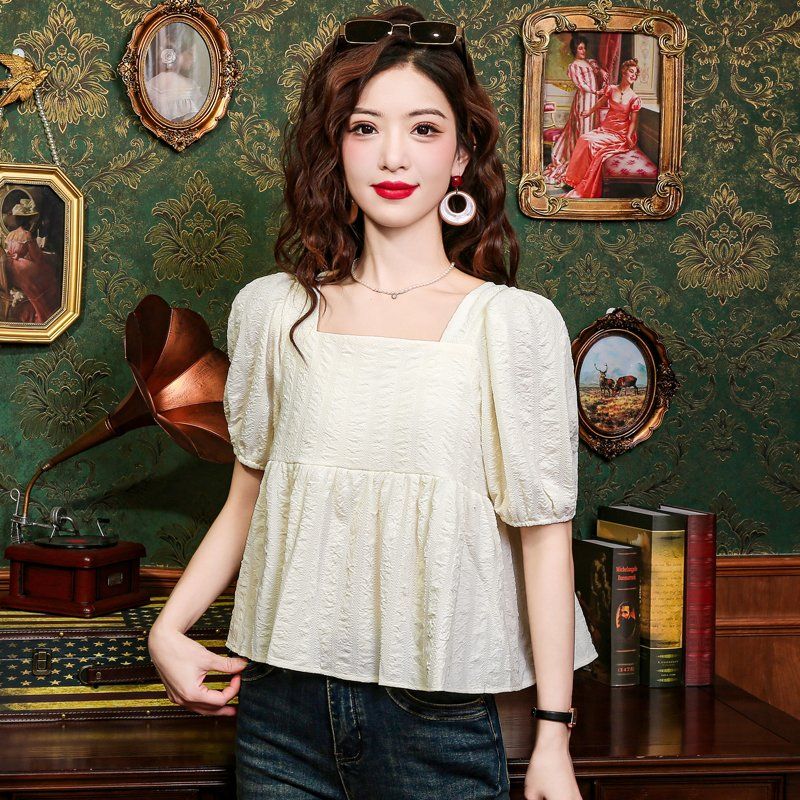 여름 여성 퍼프소매 스퀘어넥 셔링 페플럼 블라우스 여성스러운 아이보리 - 상품 이미지