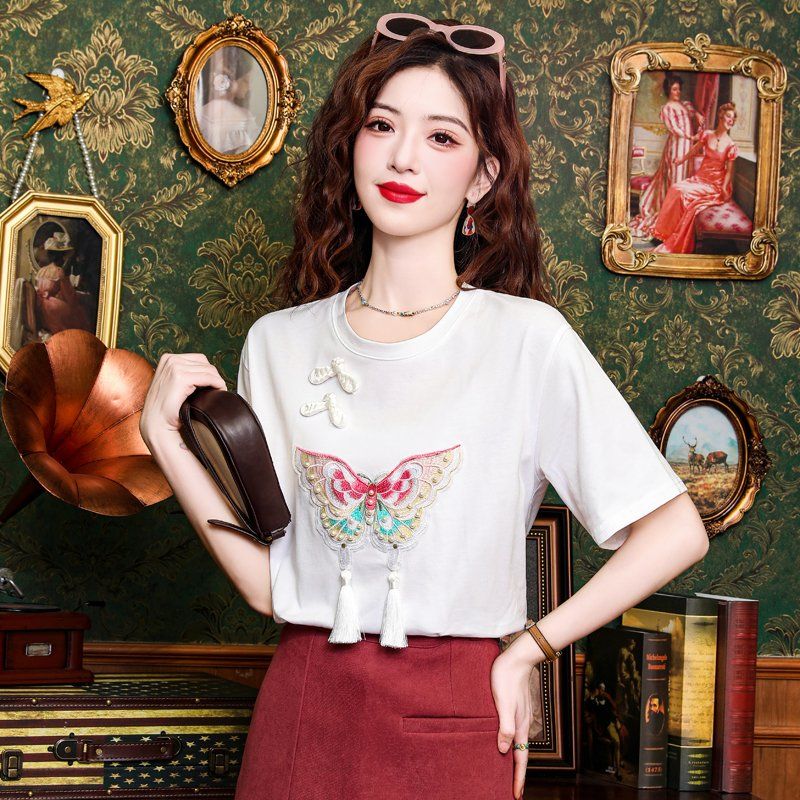 여름 여성 나비 자수 태슬 라운드넥 반팔 티셔츠 복고 캐주얼 기본핏 화이트 - 상세 이미지 4