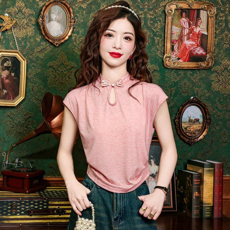 봄 여름 여성 슬림핏 반팔 차이나카라 매듭 키홀넥 블라우스 복고 캐주얼 출근룩 핑크 - 상품 이미지