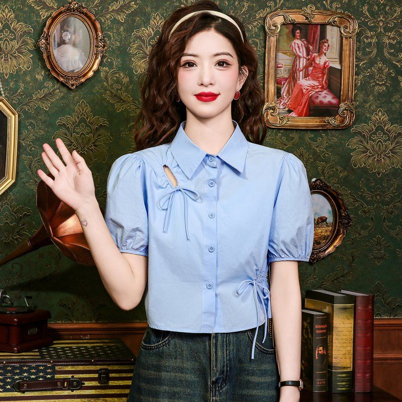 봄 여름 여성 퍼프소매 카라 스트링 단추 블라우스 셔츠 루즈핏 데일리 캐주얼 라이트블루 - 상세 이미지 2