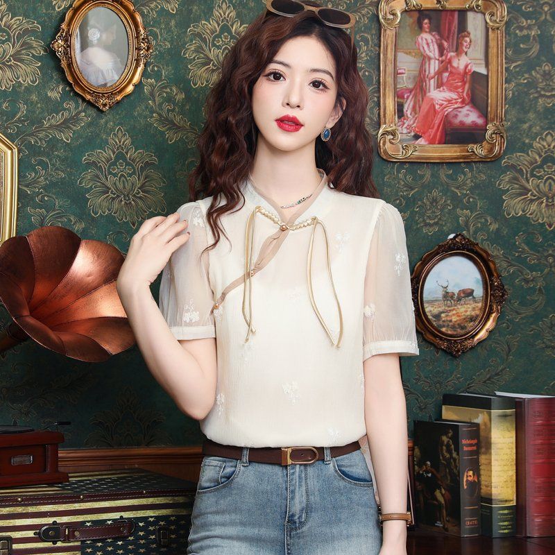 여름 여성 시스루 차이나카라 매듭 단추 블라우스 탑 플라워 패턴 아이보리 - 상세 이미지 3