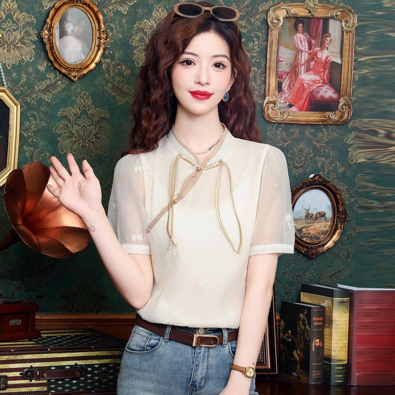 여름 여성 시스루 차이나카라 매듭 단추 블라우스 탑 플라워 패턴 아이보리 - 상품 이미지
