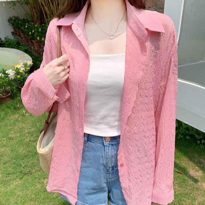 여성 여름 루즈핏 오버핏 시스루 긴팔 셔츠 블라우스 얇은 간절기 썸머 아우터 핑크 - 메인 이미지