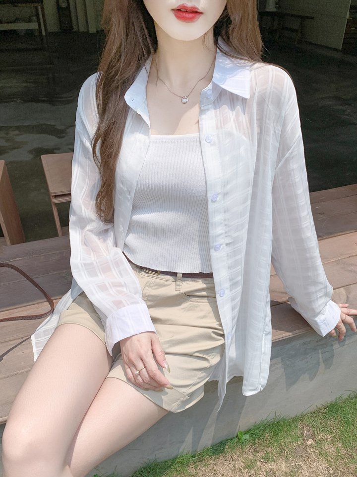 여름 여성 루즈핏 중기장 긴팔 시스루 카라 스트링 단추 격자 블라우스 셔츠 화이트 - 상세 이미지 4