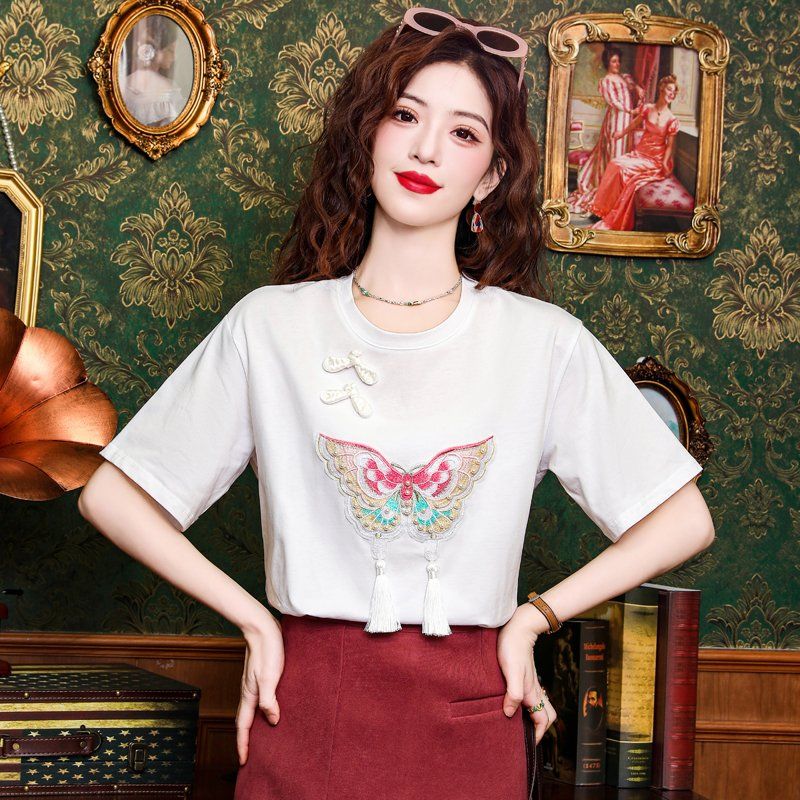 여름 여성 나비 자수 태슬 라운드넥 반팔 티셔츠 복고 캐주얼 기본핏 화이트 - 상세 이미지 5