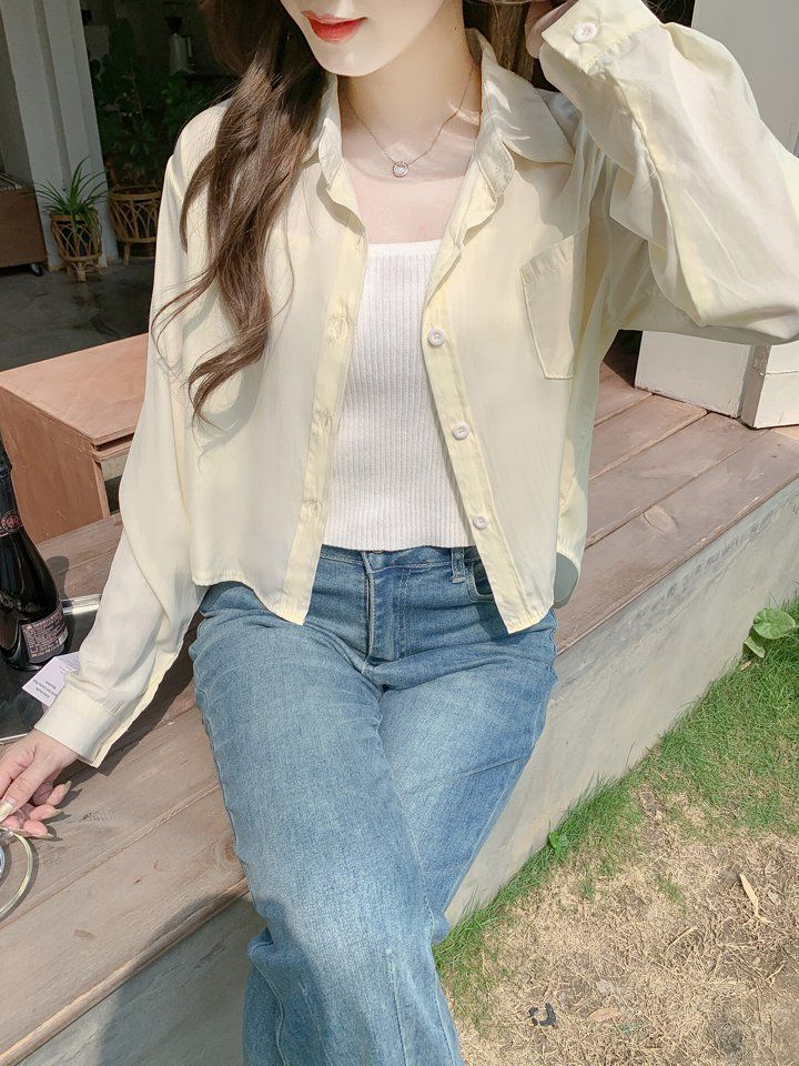여름 여성 루즈핏 긴팔 시스루 카라 단추 블라우스 셔츠 백트임 데일리 캐주얼 아이보리 - 상세 이미지 4